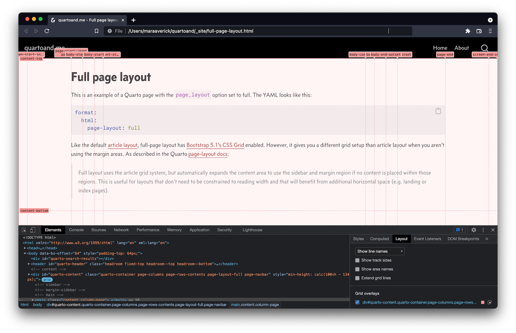 Screenshot of browser with a Quarto page using full-page layout with CSS grid overlay displayed by browser using grid line names, and developer tools open at the bottom of the window.